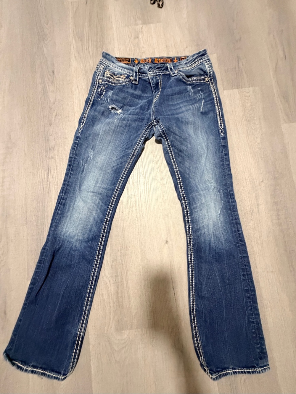 Rock Revival Medium Blue Boot Cut Jeans with White Stitching